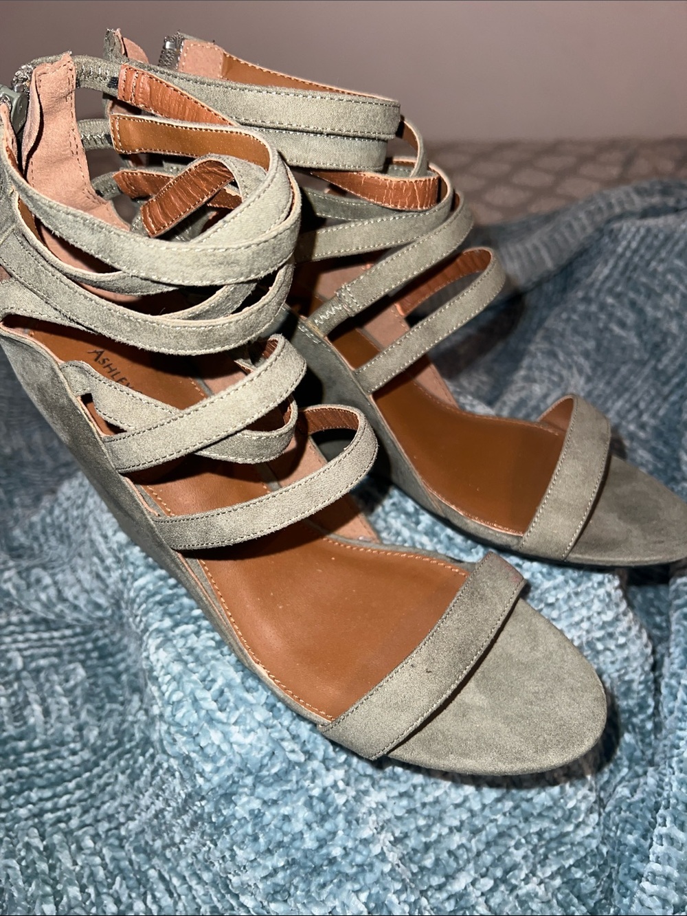 Ashley Stewart Sage Green Strappy Suede Ankle-Wrap Heels